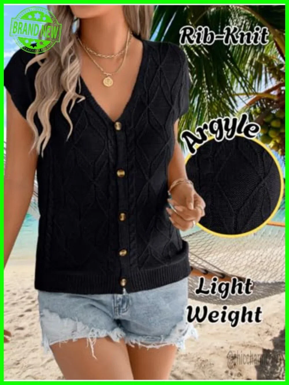 Cap Sleeve V Neck Argyle Cable Knit Button Down Sweater Vest Cardigan Top